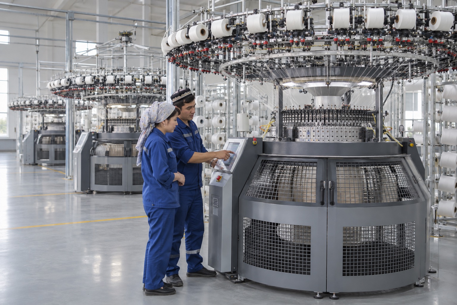 Illustrative circular knitting production floor with Central Asian textile employees and circular knitting machines